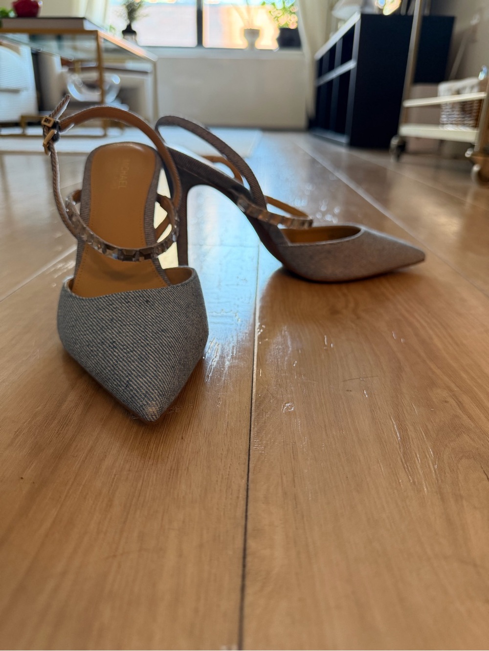 Pointed Toe Denim Slingback Heels
